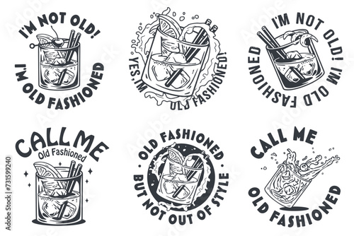 Monochrome Old fashioned cocktail vector set with ice, cherry and splash for design of bar menu. American alcohol cocktail collection with whisky and bourbon for drink party. Tee print