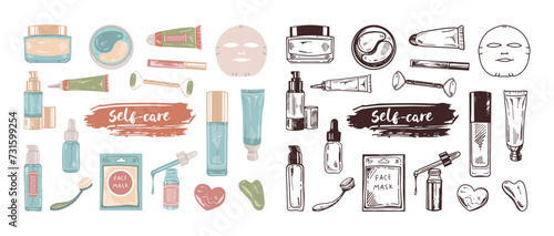 A set of hand-drawn sketches of cosmetics, beauty, self-care elements.  Illustration for beauty salon, cosmetic store, makeup design. Colored flat and black doodle style.