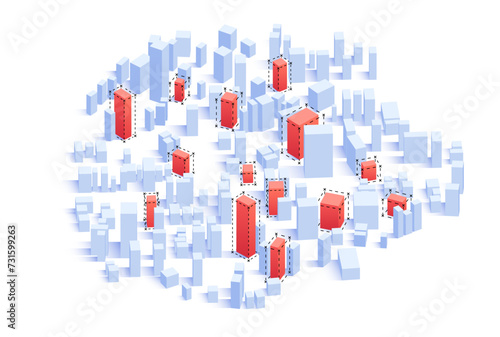 Old buildings modernization, building up service, construction modernization solutions concept. Red highlighted commercial buildings office skyscrapers. Vector illustration isolated on white