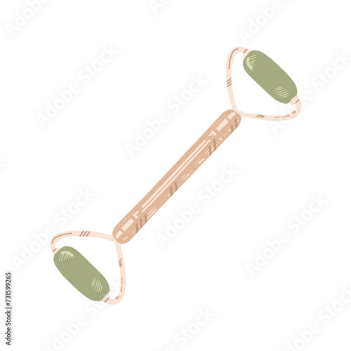 Hand-drawn jade gouache massage scraper for face and neck massage. Lifting for healthy and youthful skin. Trending skin care. Colored flat style.