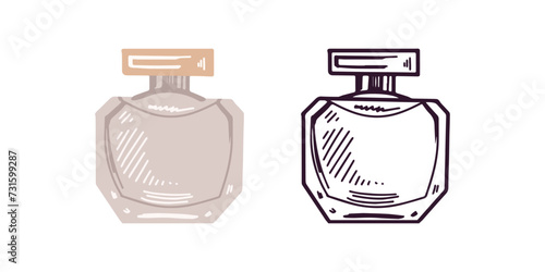 Hand-drawn perfume bottle, beauty cosmetic element, self care. Illustration for beauty salon, cosmetic store, makeup design. Colored flat and black doodle style.