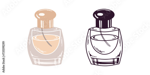 Hand-drawn perfume bottle, beauty cosmetic element, self care. Illustration for beauty salon, cosmetic store, makeup design. Colored flat and black doodle style.
