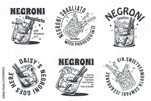 Monochrome negroni cocktail vector set with ice and slice of orange for cocktail bar or drink summer party. Negroni sbagliato or alcohol cocktail collection for tee print of beach bar and cafe menu