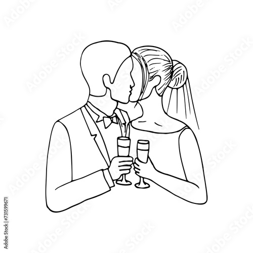 bride and groom stand kissing and holding glasses of champagne. hand drawn drawing of newlyweds kissing