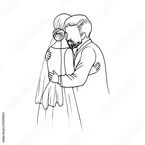 the bride hugs her father at the wedding. hand drawn drawing of father and daughter hugging at wedding