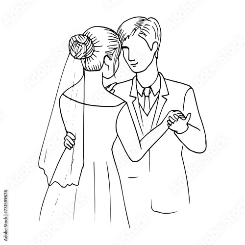 the bride and groom dance the first wedding dance. hand drawn drawing of dancing newlyweds