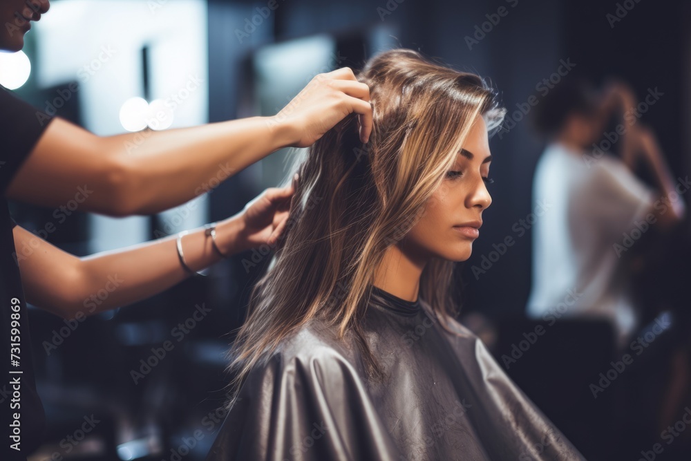 Fototapeta premium Female hairdresser standing and making hairstyle to cute lovely young woman in beauty salon
