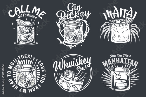 Mai Tai cocktail and Manhattan cocktail vector set with slice of pineapple and cherry for cocktail bar or summer party. Whiskey sour, Mojito or Gin rickey alcohol cocktail for drink party. Tee print photo