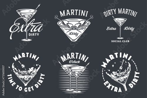 Monochrome martini cocktail vector set with olive and splashes for alcohol for cocktail bar or drink party. Margarita or martini collection for logo or tee print of bartender or barman