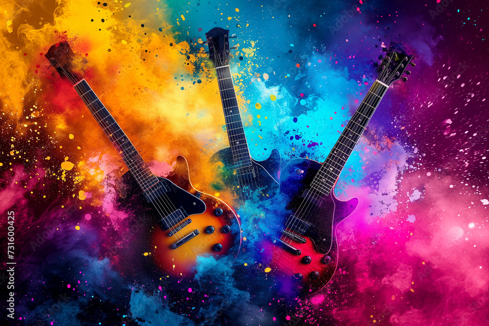 music background with guitar. drums in motion. rock n roll. drums of smoke. Electric guitar with colorful smoke on black background, stylish design. Rock music concept. Black guitar isolated - obrazy, fototapety, plakaty 