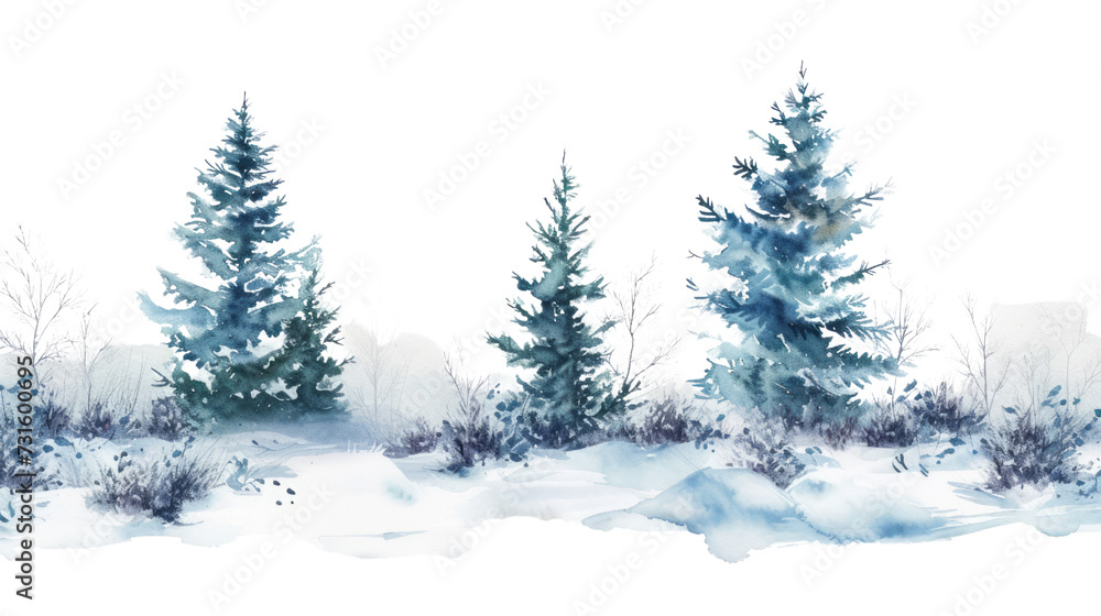 Wintery Forest Landscape with Wintery Forest Landscape with Pine trees  , Snowy Branches, and White Sky . isolated on white . png