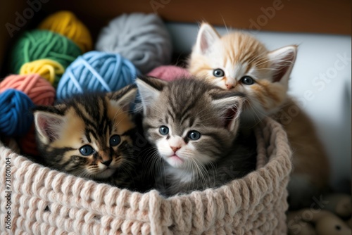 AI generated illustration of fluffy kittens in a knitted basket with colorful balls of yarn