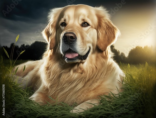 AI generated illustration of a beautiful golden retriever laying on a field