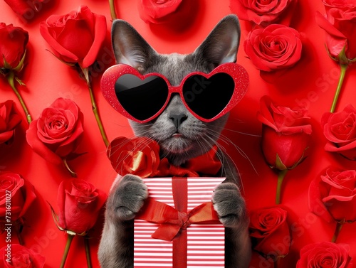 Playful Cat with Heart-Shaped Sunglasses Holds Rose and Gift against Vibrant Red Background © john