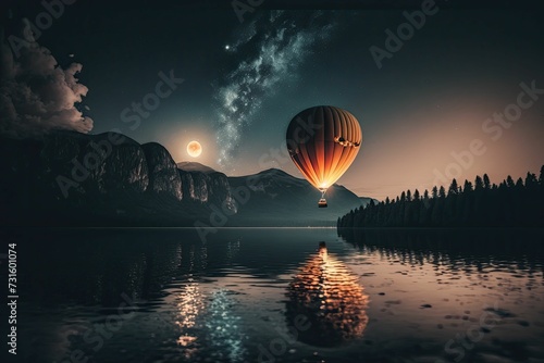 AI generated illustration of an air balloon over a river