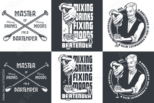 Bartender design with martini and bar spoons with shaker for bartending school. Vector emblem set of chromed metal equipment or cocktail bar tool for barman or barkeep