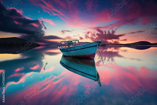 AI generated illustration of a boat in a lake under the cloudy purple sunset sky © Wirestock