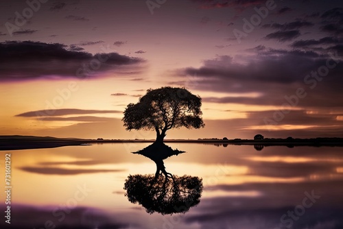 AI generated illustration of a silhouette of a tree with its reflection in a lake