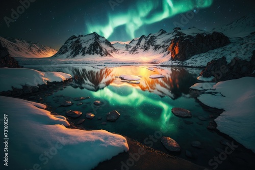 AI generated illustration of the Northern lights and the snowy mountains reflected in the water