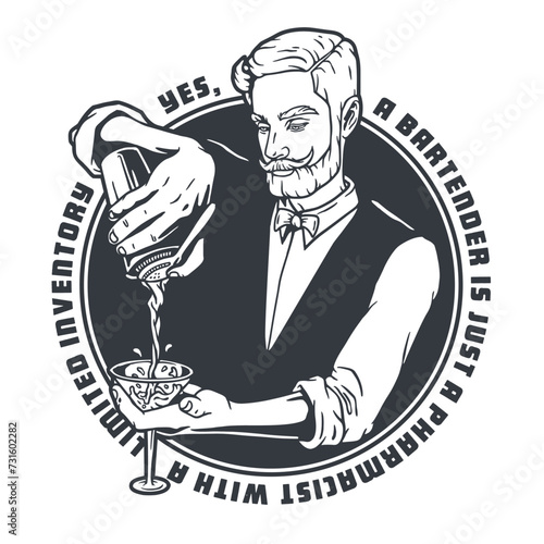 Bartender with shaker for bartending. Barman with beard and mustache for cocktail bar