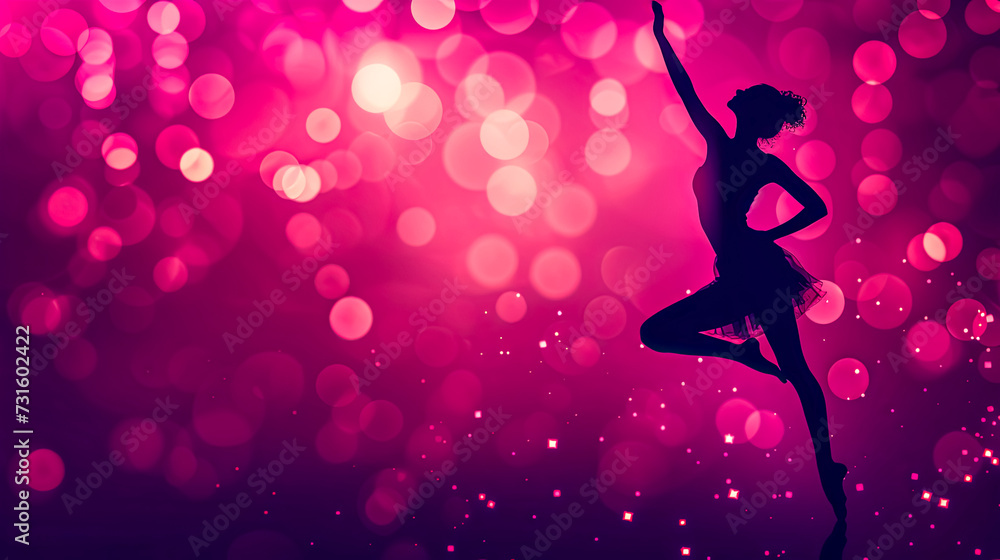 A silhouette of a ballerina dancing on a pink and purple background, copy space