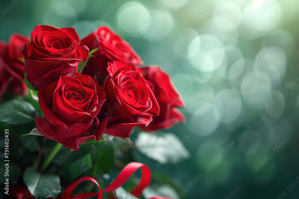 Red bouquet roses bunch on the moody background with a beautiful valentine bright background and valentine day concept.