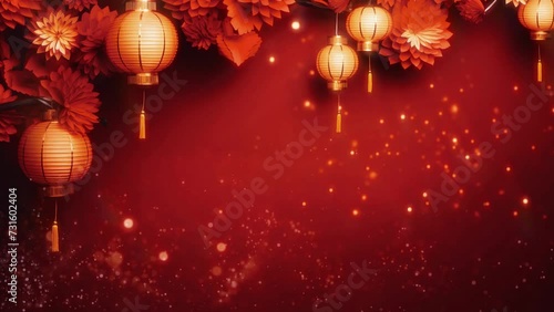 Paper gold lantern with flower background for Chinese New Year decoration with sparkling light photo