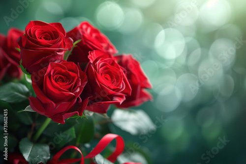 Red bouquet roses bunch on the moody background with a beautiful valentine bright background and valentine day concept.