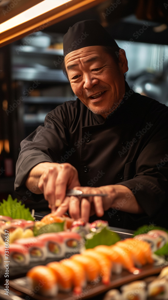 Portrait of japanese smiling cook preparing sushi, japanese restaurant environment Portrait of japanese smiling cook preparing sushi, japanese restaurant environment