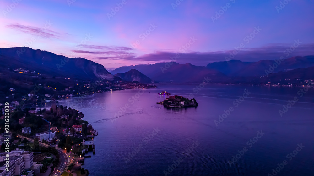 Aerial Photo Italy, Stresa, Lake Maggiore. Province of Verbano-Cusio-Ossola, Italy, Europe. Traveling concept background.