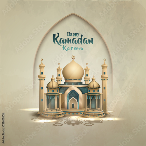 islamic greetings ramadan kareem card design with beautiful gold mosque