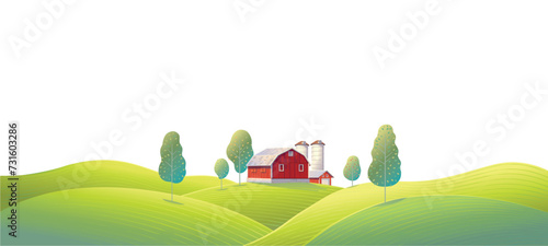 Rural summer landscape with a farm and agricultural fields on hills. Vector illustration.