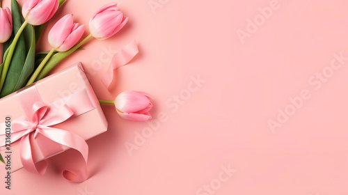 Top view of a bouquet of tulips and a gift box with a ribbon bow. Gift and pink tulips on a pastel pink background with copy space. Mother's Day and Valentine's Day concept © Mariia