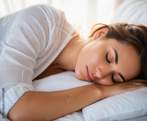A young woman is captured in a serene moment of sleep
