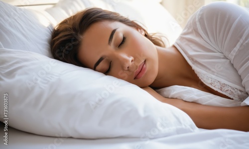 A young woman is captured in a serene moment of sleep