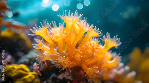 A vibrant coral reef, with a variety of marine life as the background, during a clear underwater dive