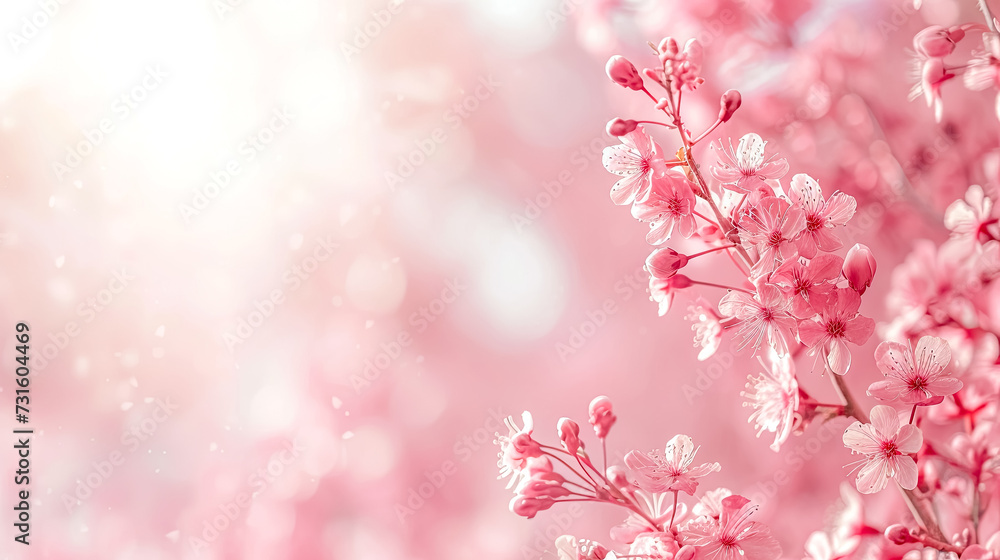 Pink flower on tree twig: Flowery plant in magenta hues, copy space Pink flower on tree twig: Flowery plant in magenta hues, copy space