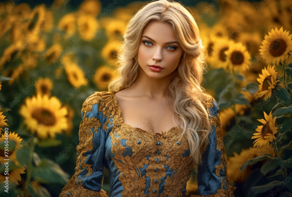 a woman in a dress standing in a field of sunflowers with a blue dress on her shoulders, generative ai a woman in a dress standing in a field of sunflowers with a blue dress on her shoulders, generative ai