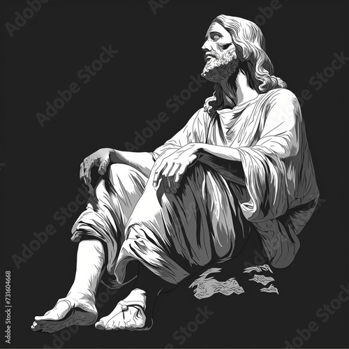 Statue of Jesus Christ with bare feet on a black background.Doodle line for coloring practice. , ai generated.