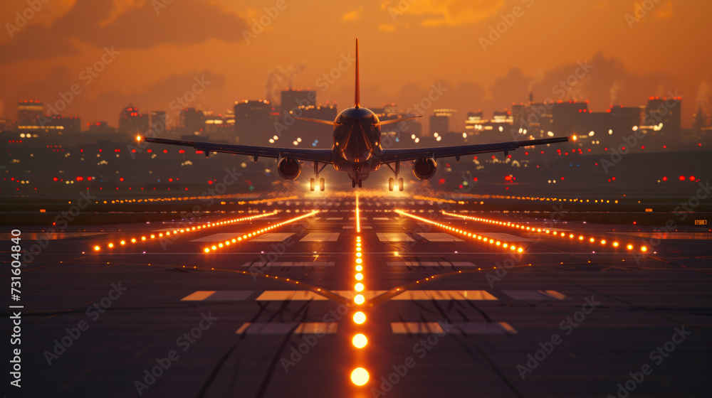 Commercial jet airplane landing at dusk. Runway strip lights reflect on the wet tarmac, orange city glow of dusk behind.