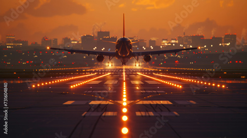 Commercial jet airplane landing at dusk. Runway strip lights reflect on the wet tarmac, orange city glow of dusk behind. photo