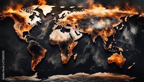 burning world map. flame on world map - chaos or heat concept. creative illustraion.