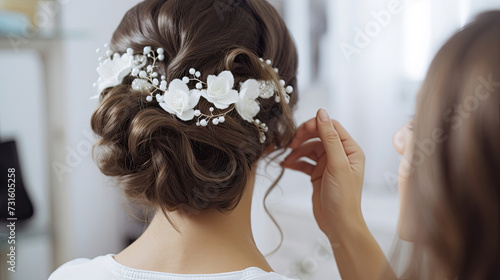 female Professional Hair Stylist creates elegant hairstyles with white floral decorations for young women created with Generative AI Technology 