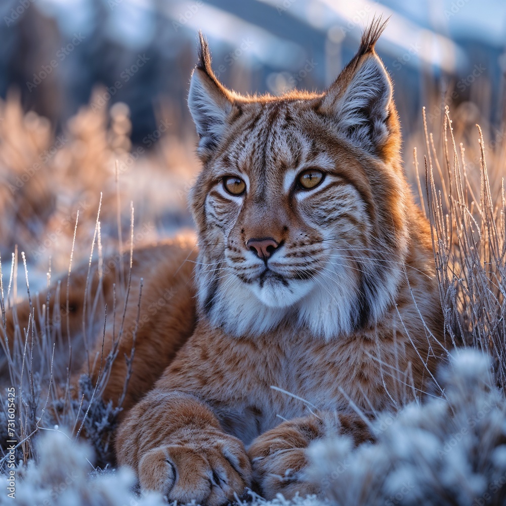 Fototapeta premium Frosty Gaze: Lynx in the Winter Twilight