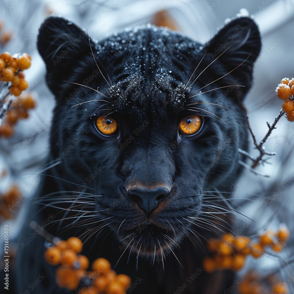 Winter's Guardian: Black Panther Amidst Snowberries