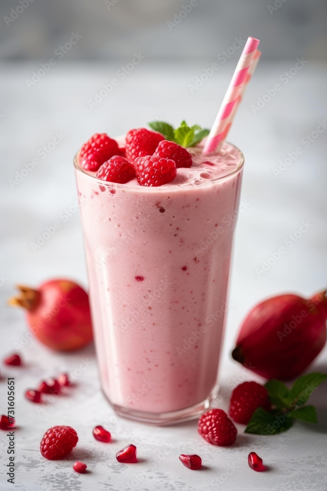 A pomegranate smoothie on a light background, garnished with raspberry and green leaves A pomegranate smoothie on a light background, garnished with raspberry and green leaves