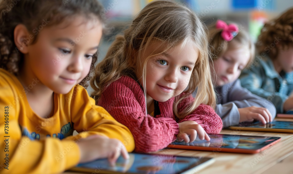 children with tablets technology at school for education with happy kids at school or library studying with fun children with tablets technology at school for education with happy kids at school or library studying with fun