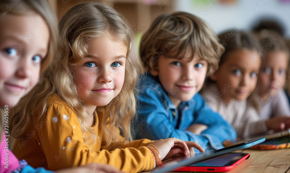 children with tablets technology at school for education with happy kids at school or library studying with fun children with tablets technology at school for education with happy kids at school or library studying with fun