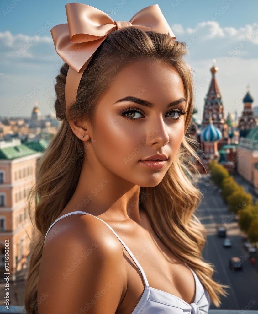 a russian woman with a bow in her hair standing in front of a cityscape