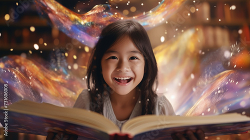 child little girl reading a magic book in the dark home © alexkich